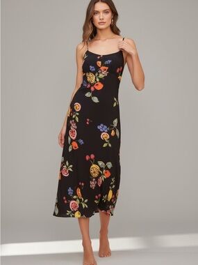 Astr Black Floral & Citrus Slip Midi Dress